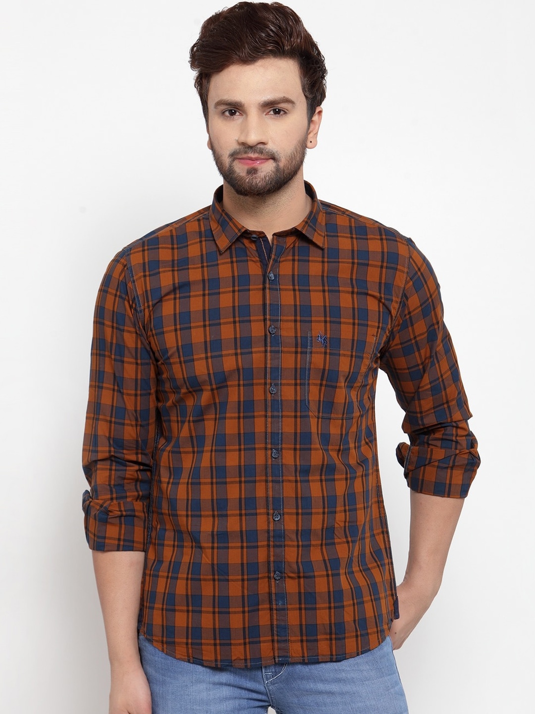 

Cantabil Men Brown & Blue Slim Fit Checked Casual Shirt