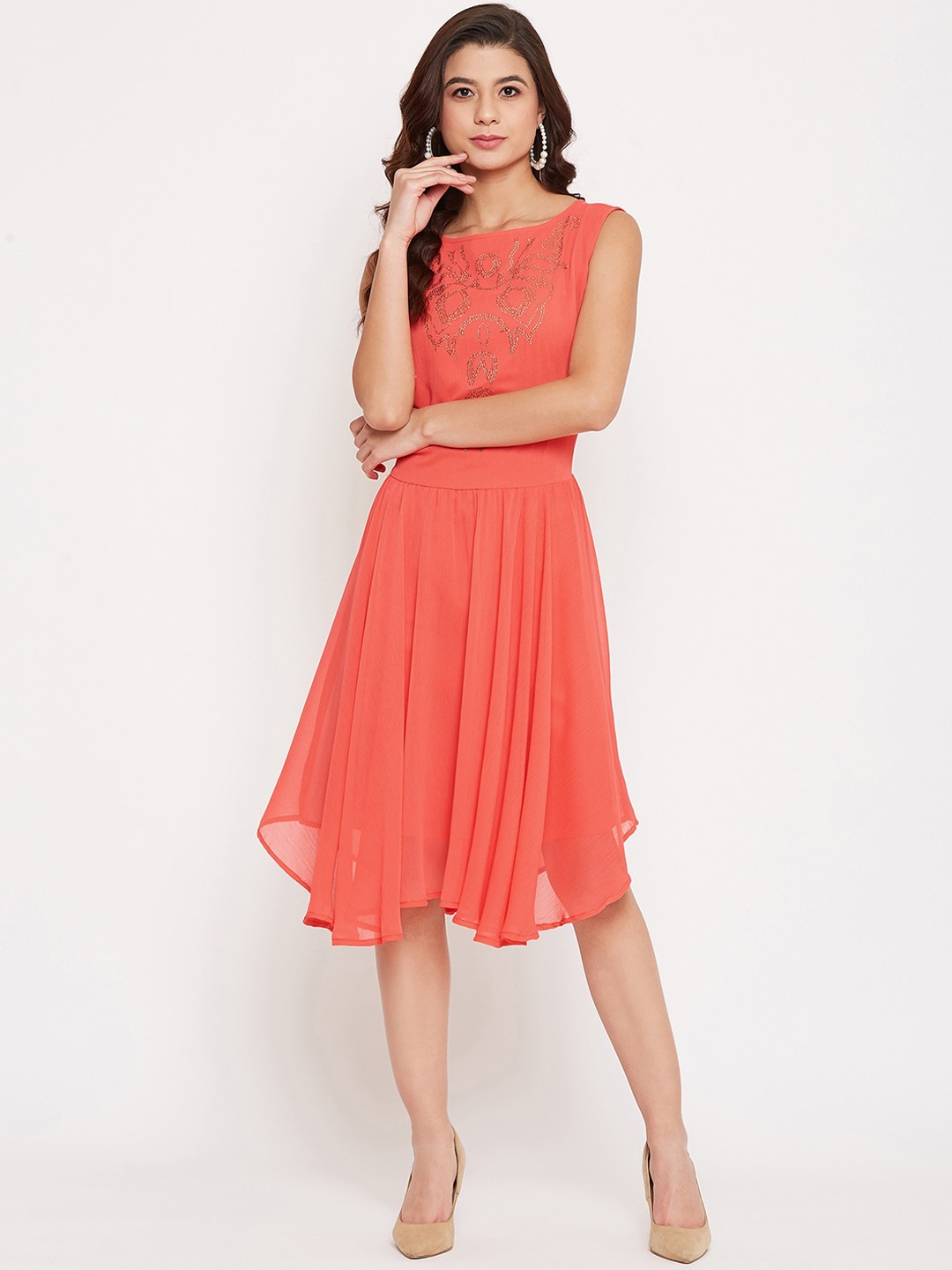 

Ruhaans Women Peach-Coloured Solid Fit and Flare Dress