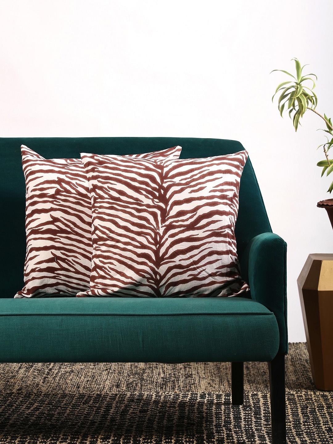 Contrast Living Set Of 2 White & Brown Printed Square Cushion Covers