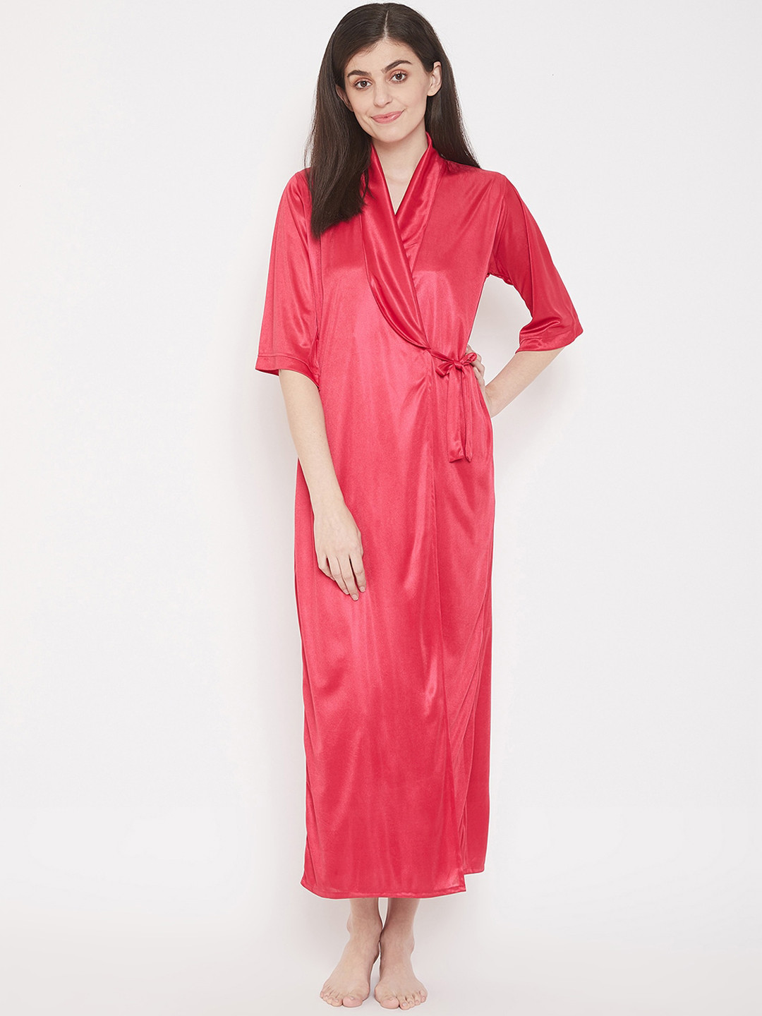 

Clovia Women Chic Basic Long Poly Satin Maxi Warp Nightdress with Robe, Pink