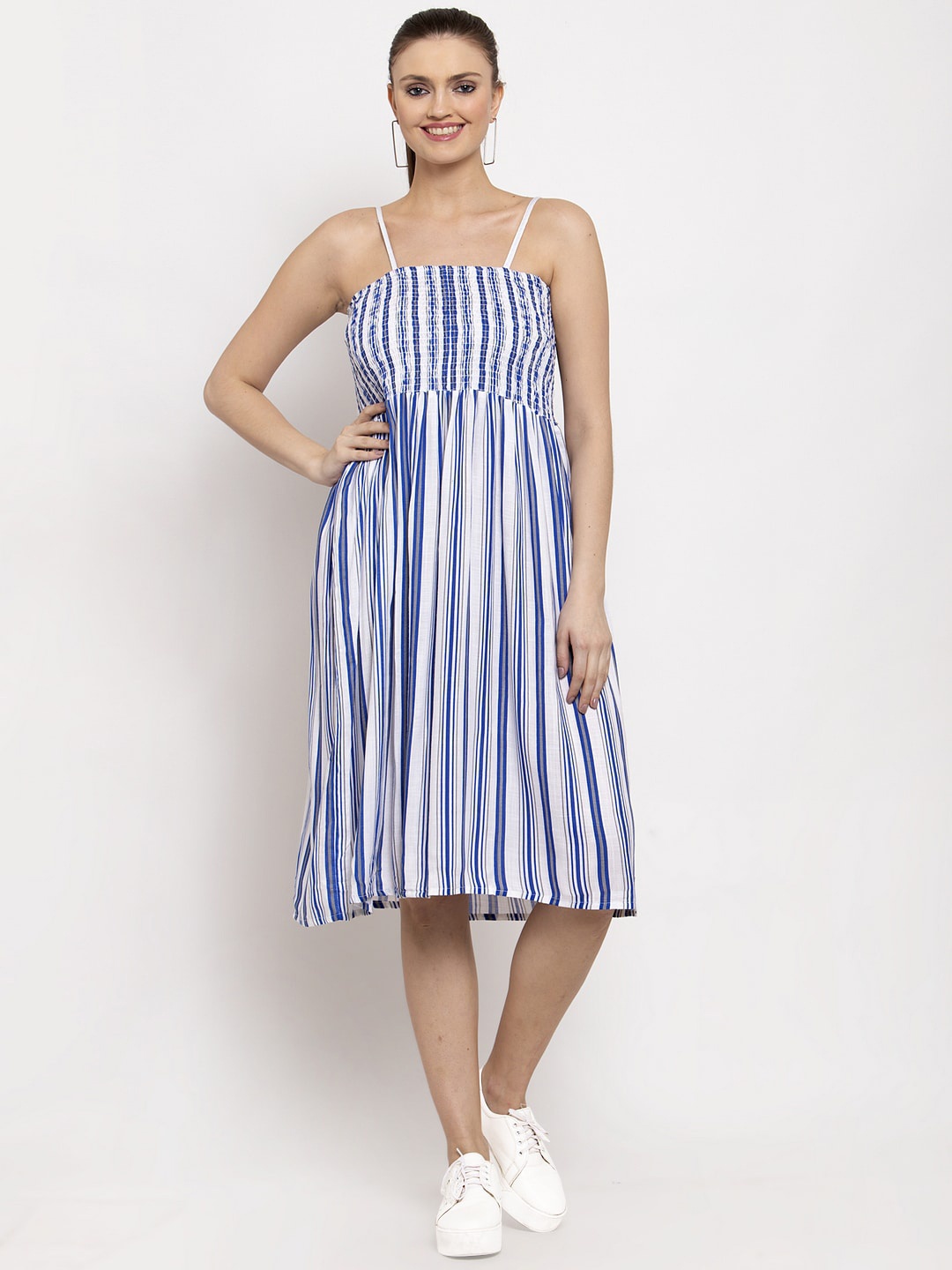 

Miaz Lifestyle Women Blue Striped Fit and Flare Dress