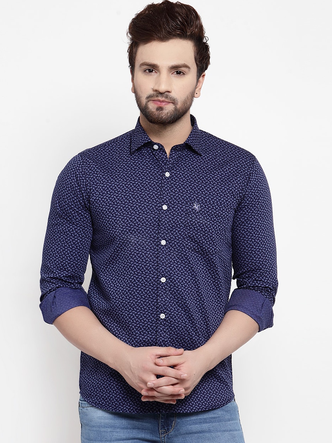 Cantabil Men Blue & White Slim Fit Printed Casual Shirt
