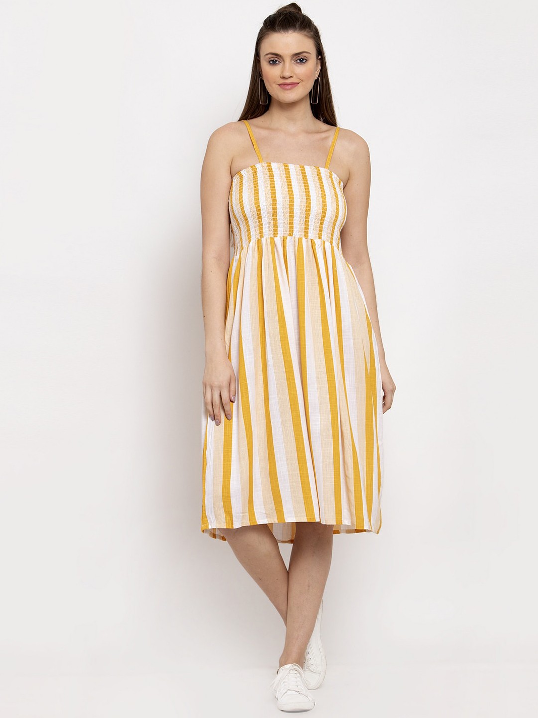 

Miaz Lifestyle Women Mustard Striped Fit and Flare Dress