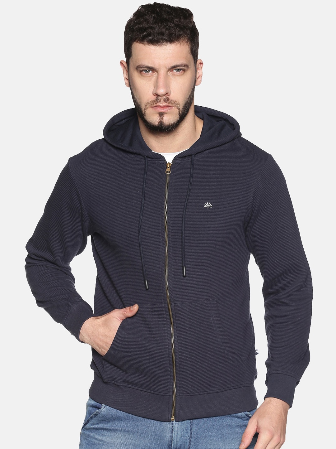 

Chennis Men Navy Blue Solid Cotton Hooded Sweatshirt