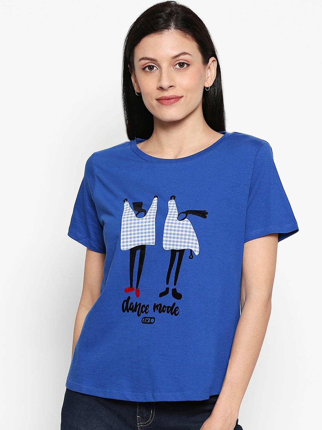 

People Women Blue Self Design Round Neck T-shirt