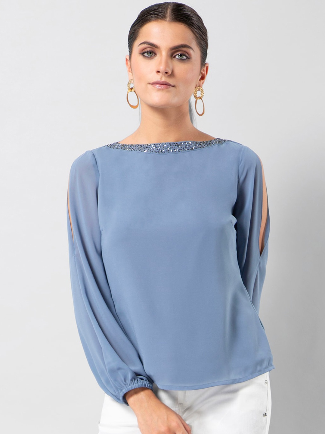 

FabAlley Blue Embellished Cold-Shoulder Top
