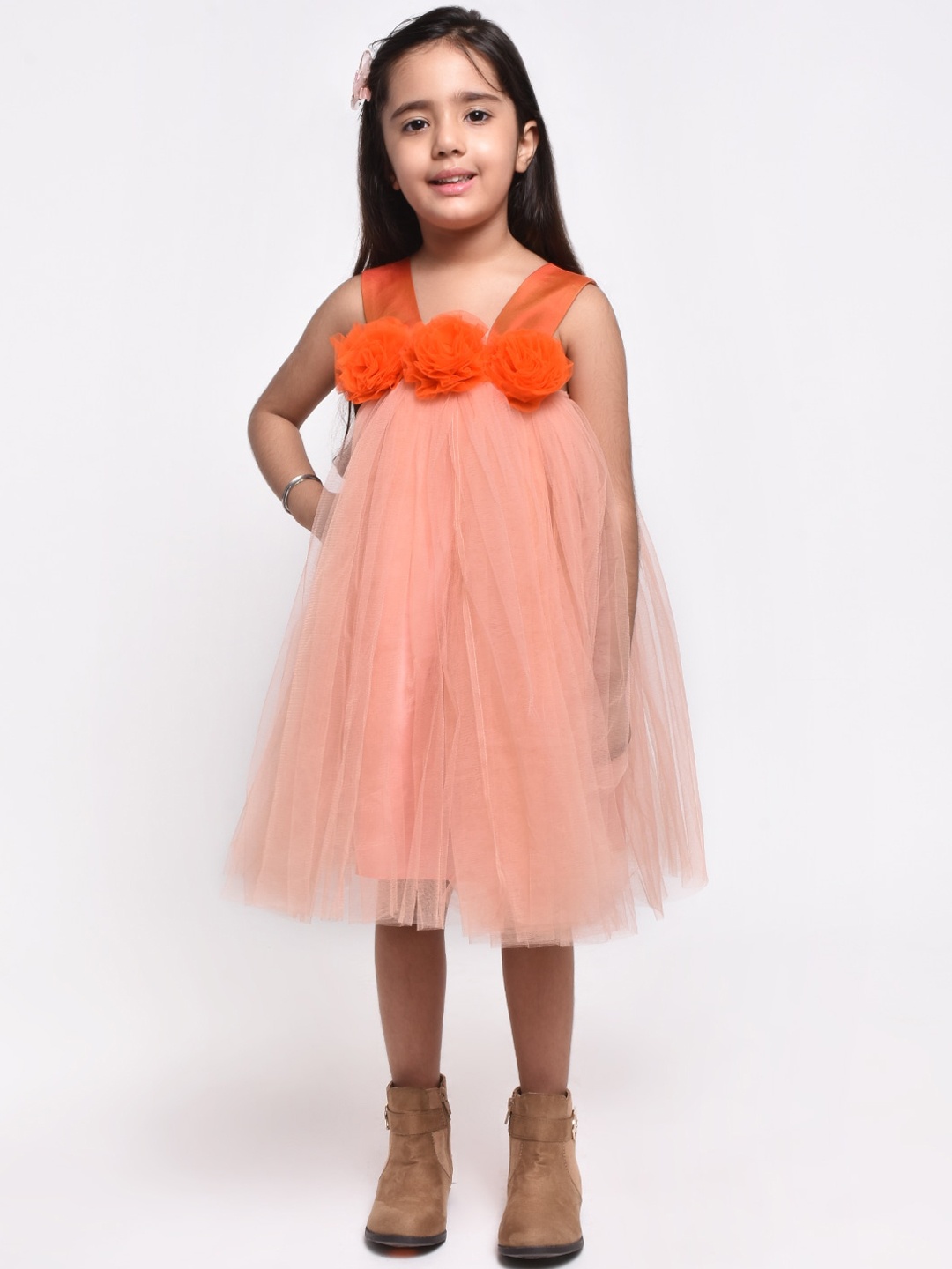 

Jelly Jones Girls Peach-Coloured Self Design Empire Dress