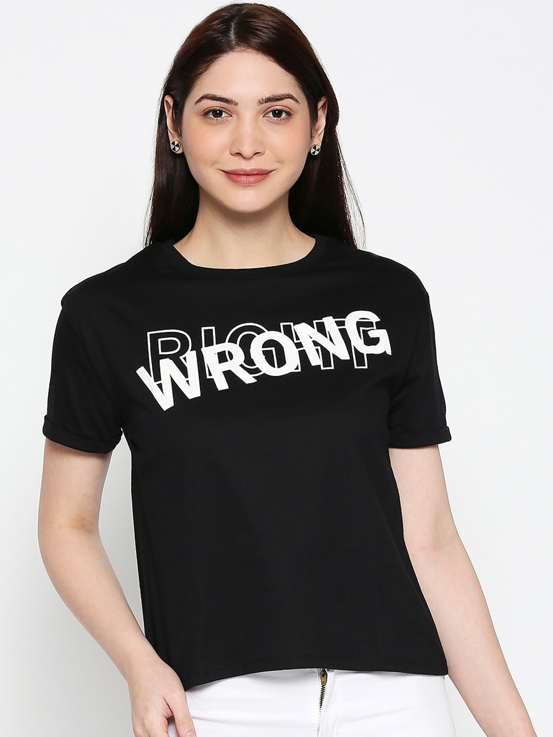 

People Women Black Printed Round Neck T-shirt