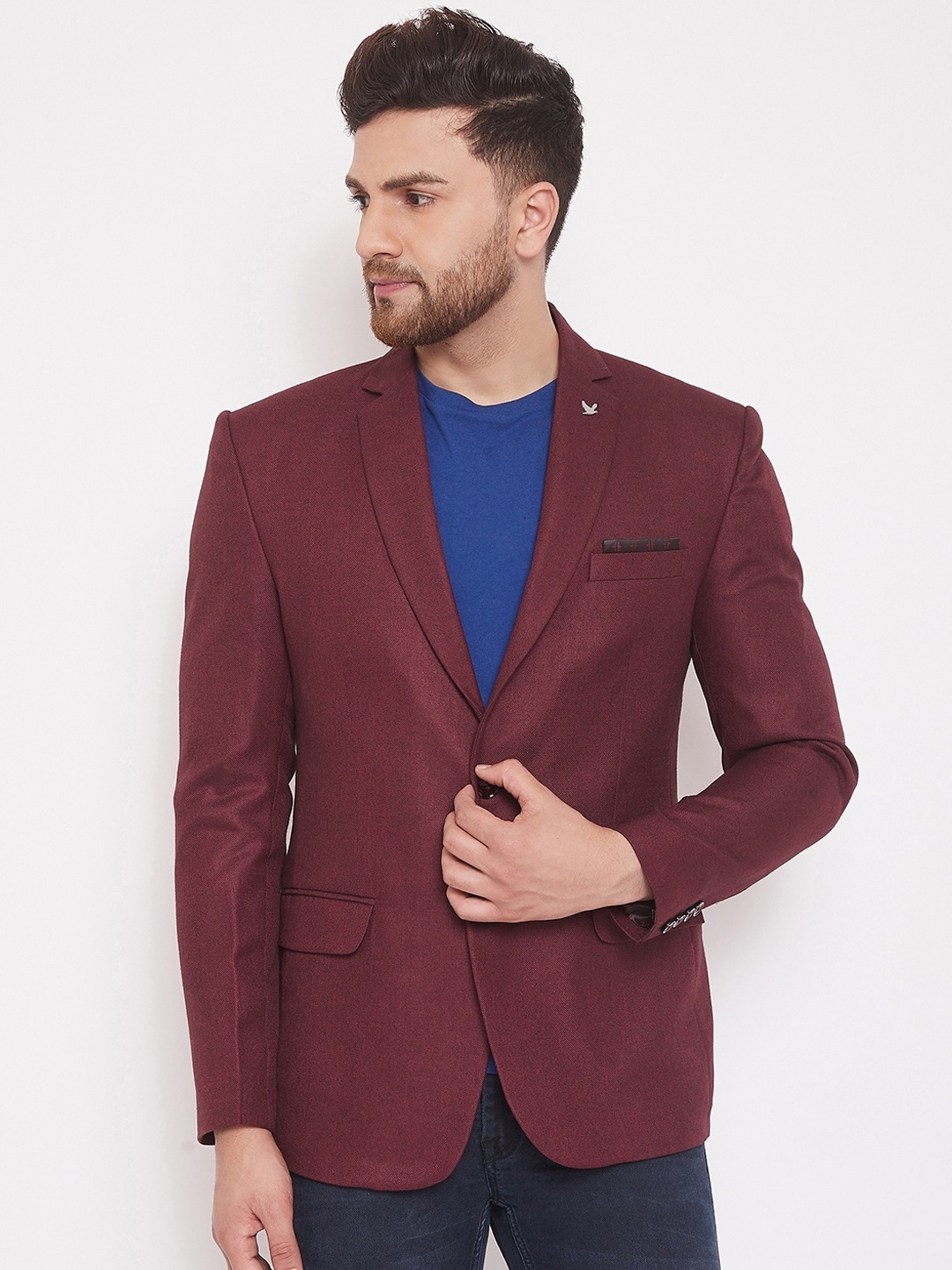 

Canary London Men Maroon Solid Slim-Fit Single-Breasted Woollen Blazer