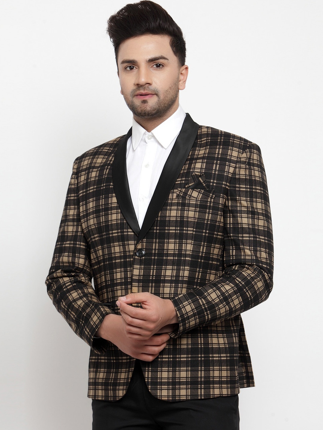 

KLOTTHE Men Black & Beige Checked Slim-Fit Single-Breasted Blazer