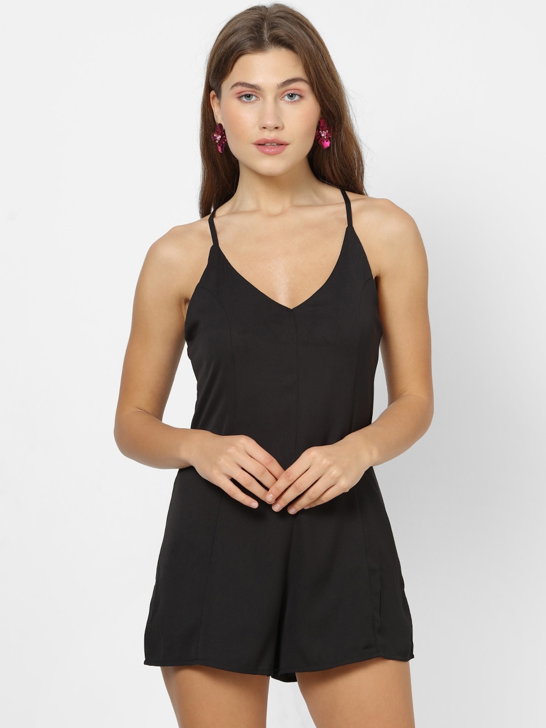 

FOREVER 21 Women Black Solid Playsuit