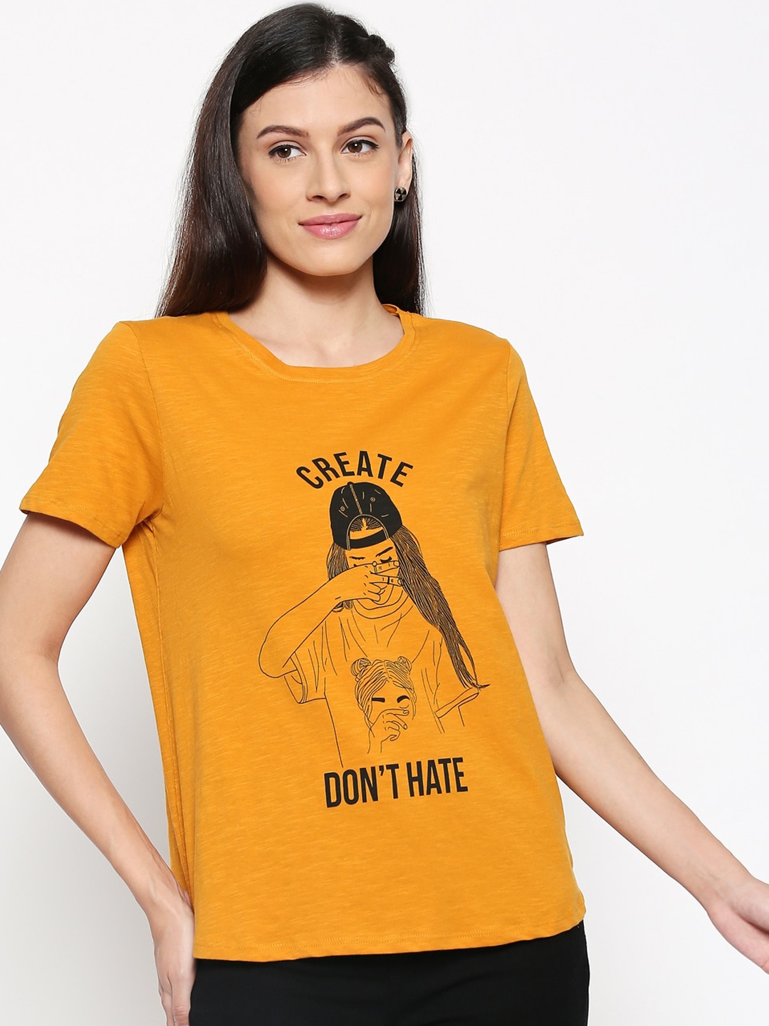 

People Women Mustard Yellow Printed Round Neck T-shirt