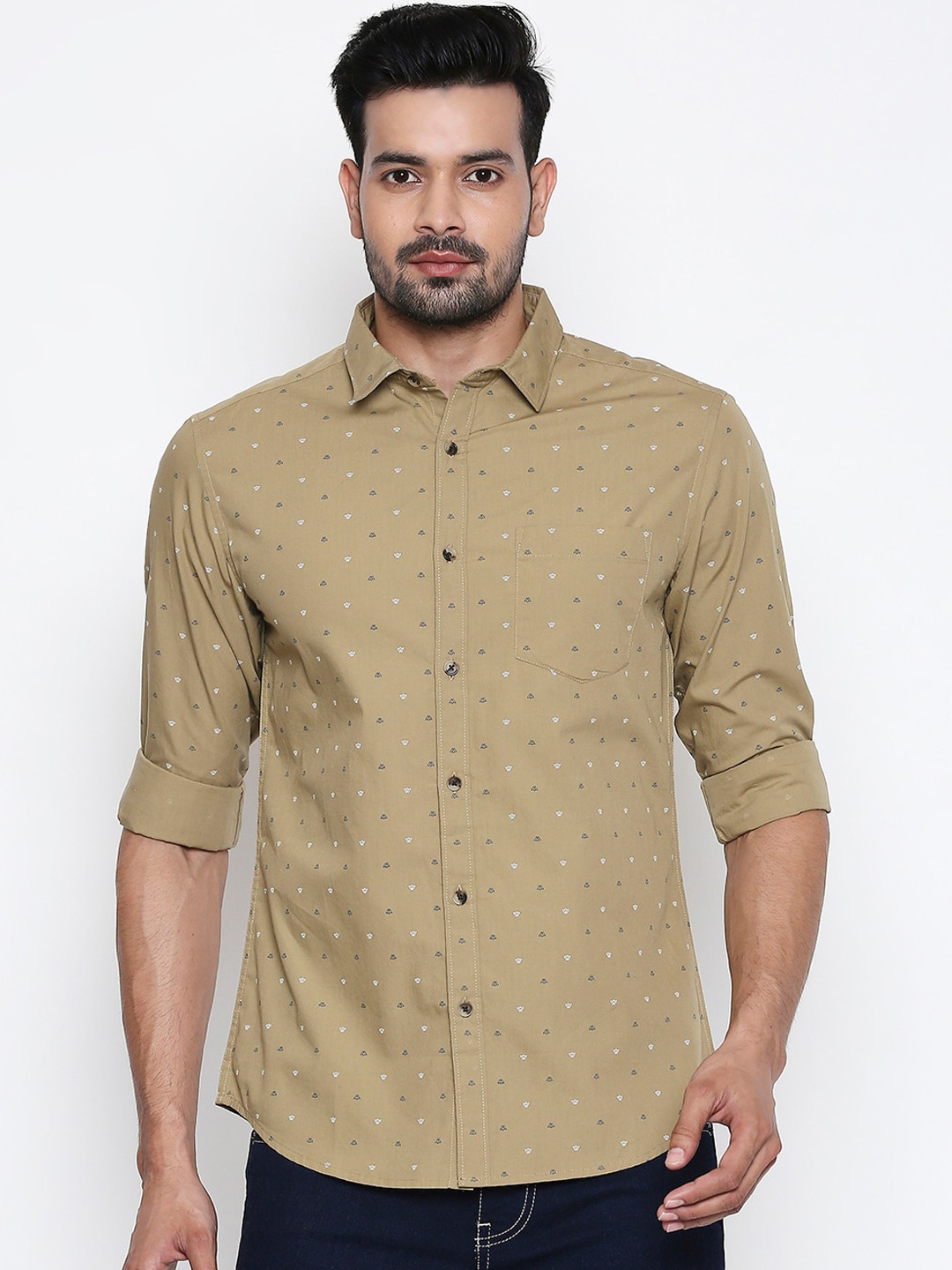 

BYFORD by Pantaloons Men Khaki Brown Slim Fit Printed Casual Shirt