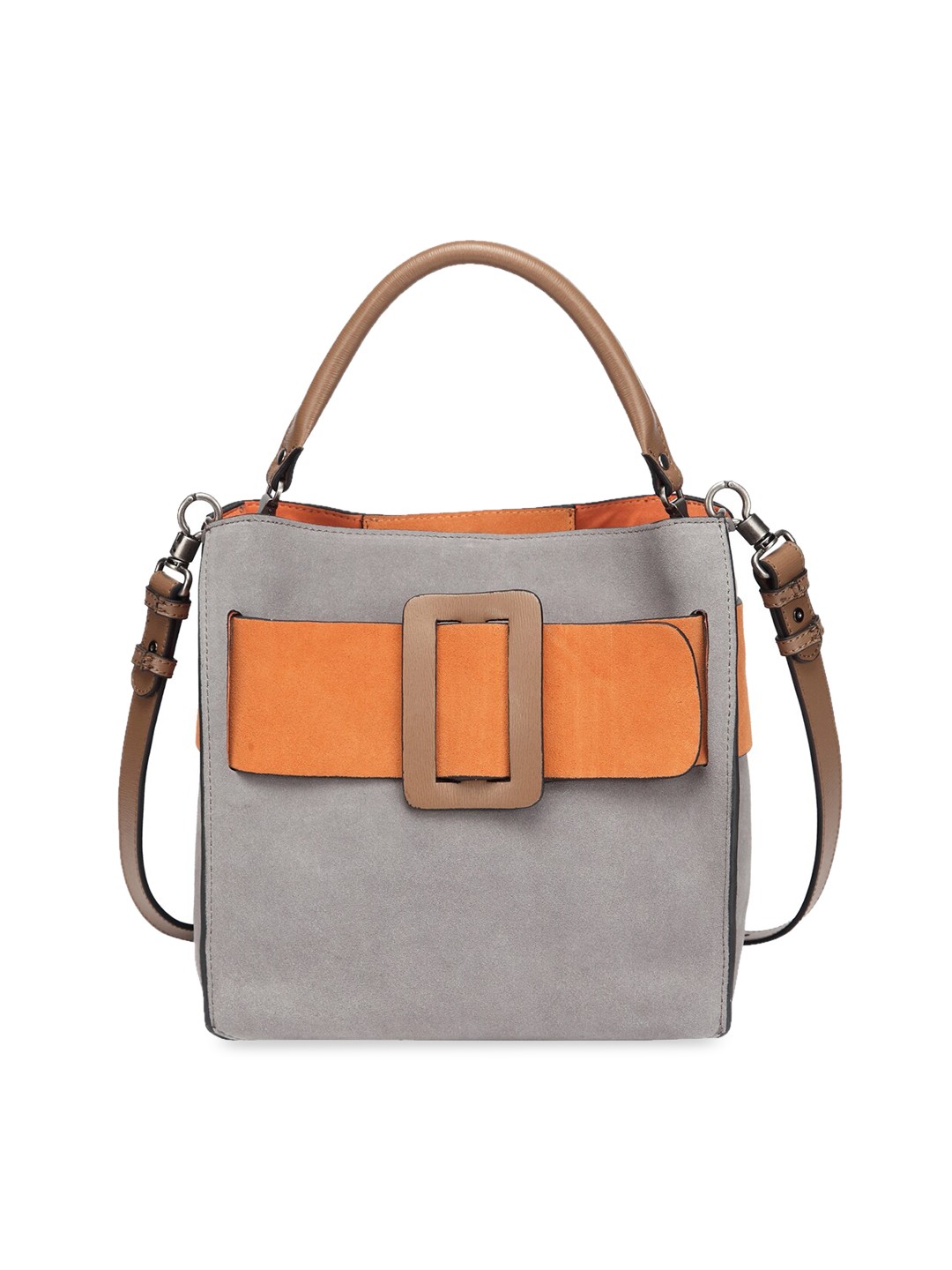 

MERLOT Grey & Orange Colourblocked Leather Handheld Bag