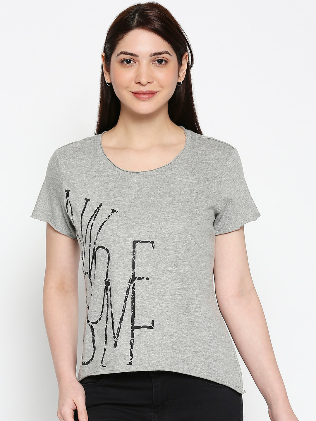 

People Women Grey Printed Round Neck T-shirt