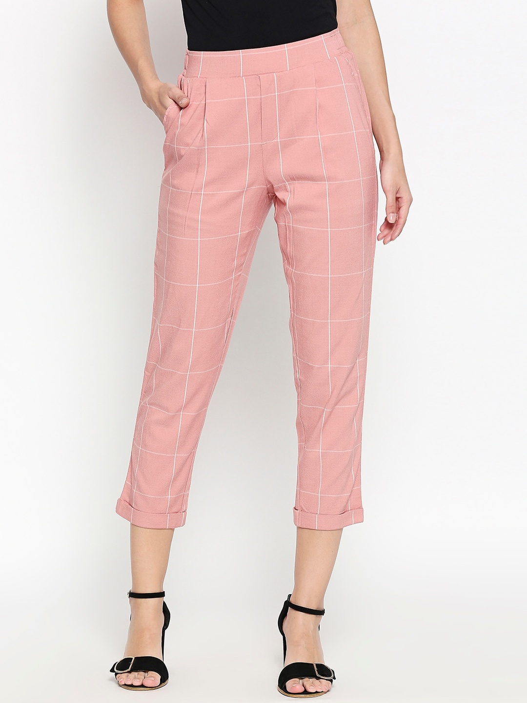 

Honey by Pantaloons Women Pink & White Regular Fit Checked Peg Trousers