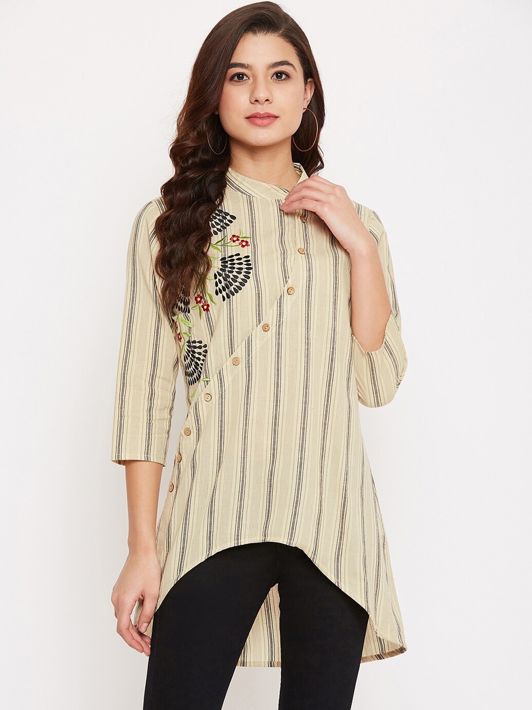 

Ruhaans Women Beige & Black Embroidered Tunic