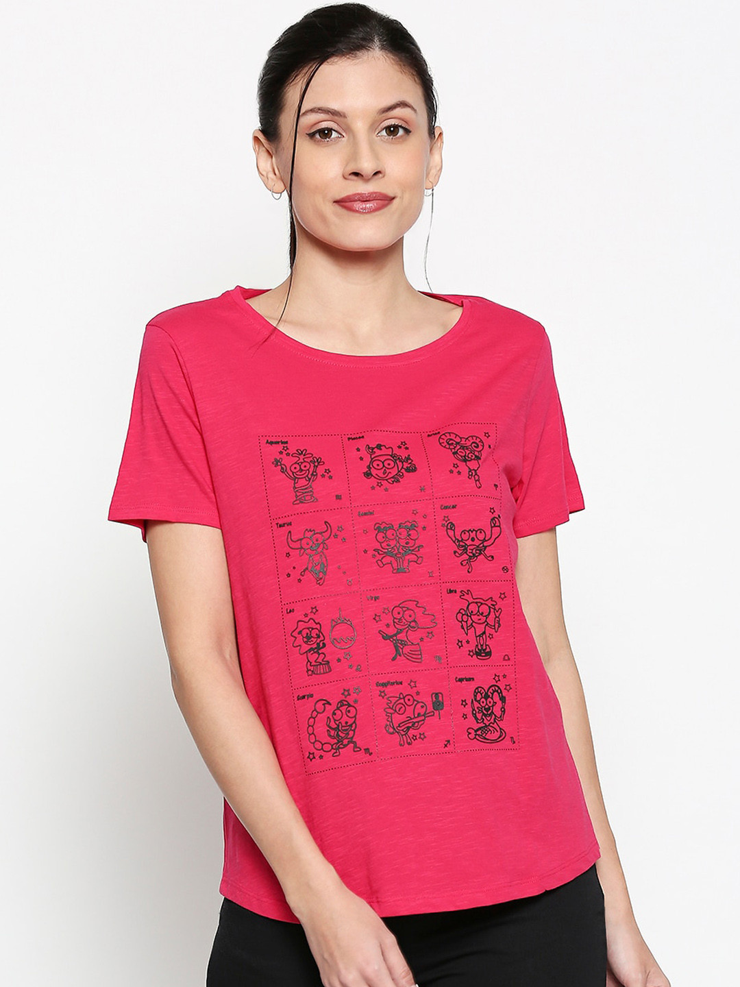 

People Women Pink Printed Round Neck T-shirt