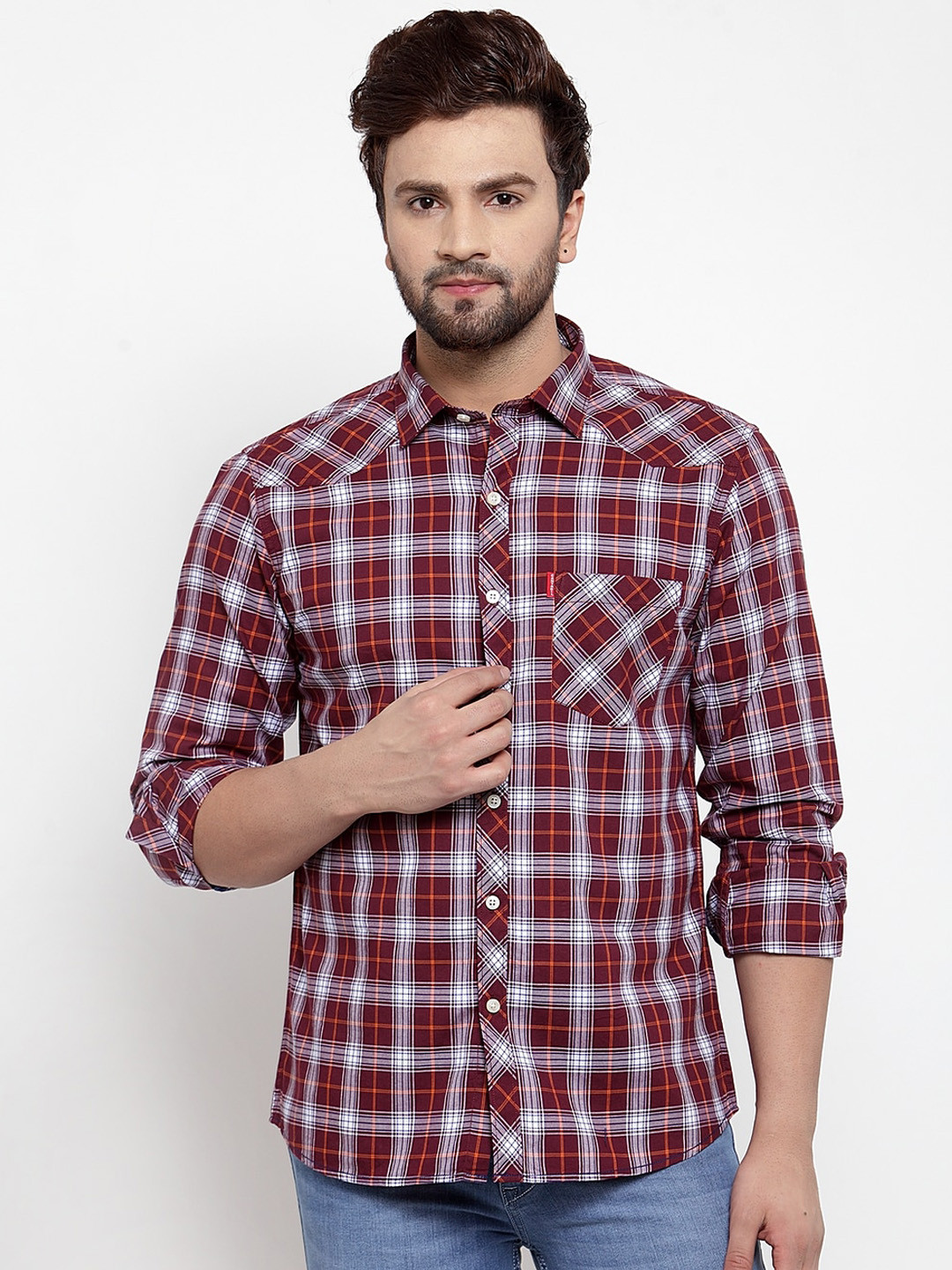 

Cantabil Men Maroon & White Slim Fit Checked Casual Shirt