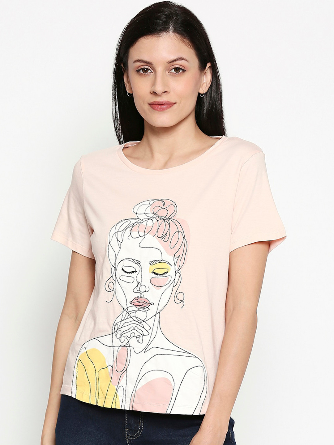 

People Women Pink Printed Round Neck T-shirt