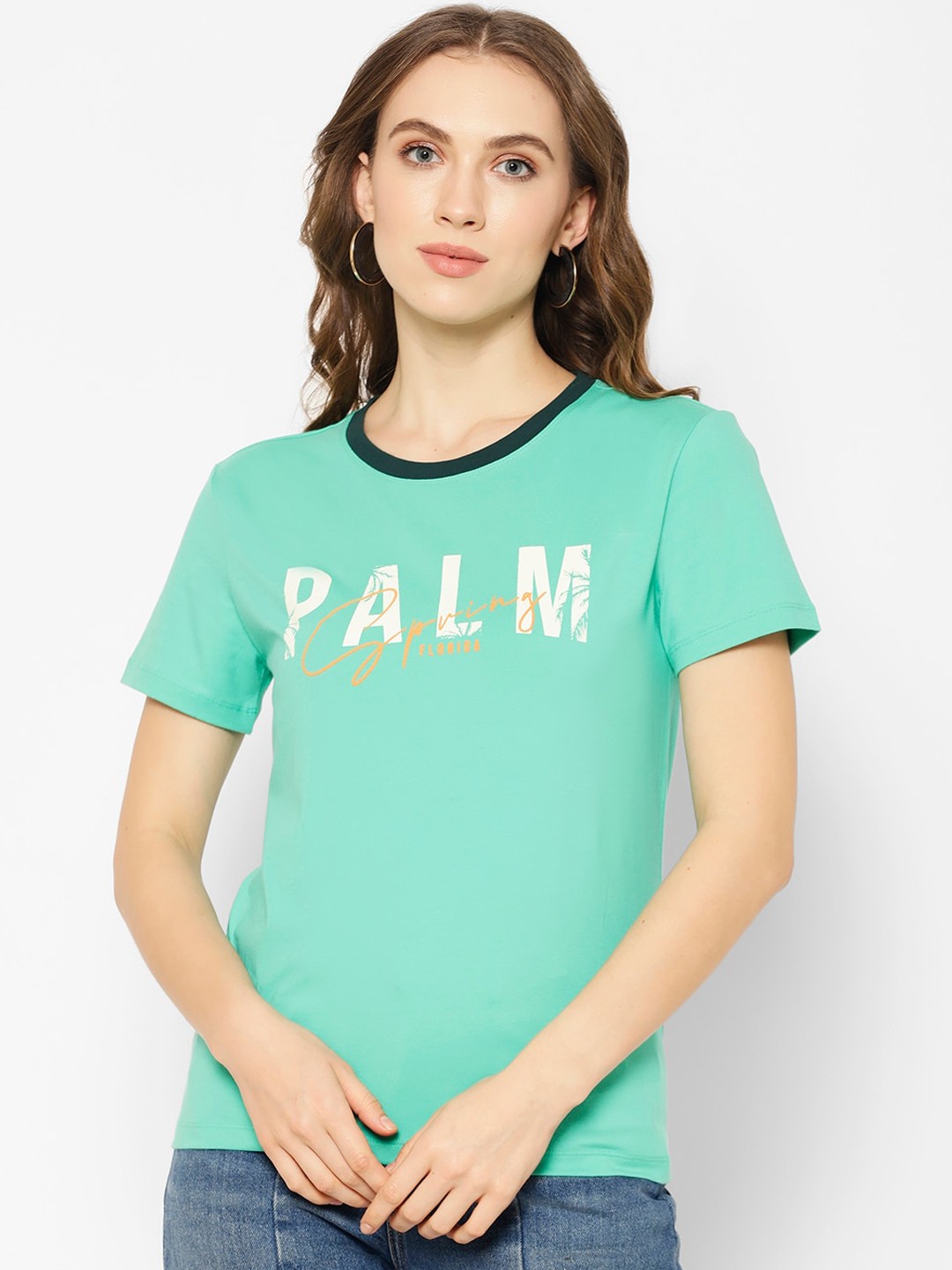 

COASTLAND Women Sea Green Printed Round Neck T-shirt