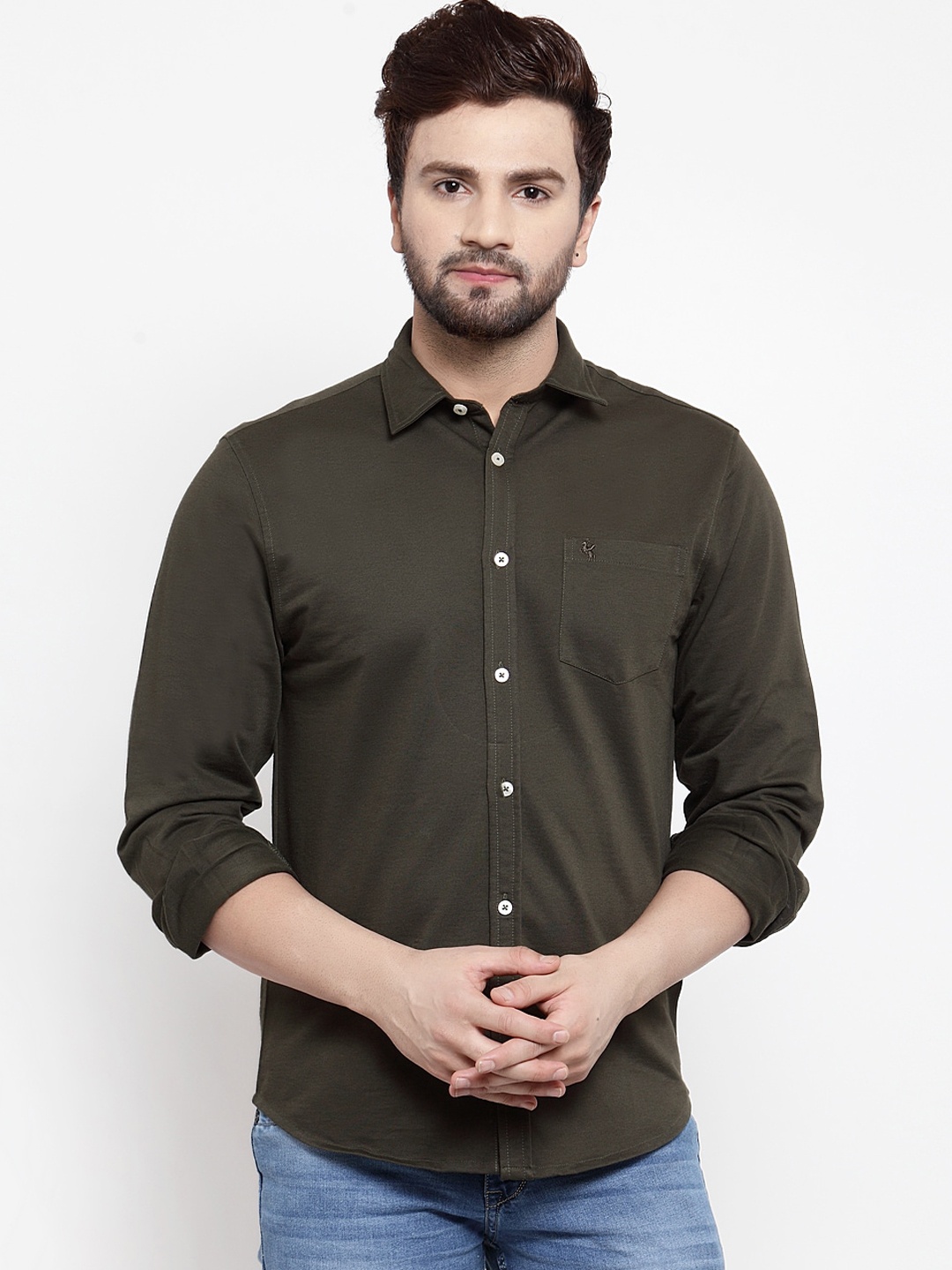Cantabil Men Olive Green Slim Fit Solid Casual Shirt
