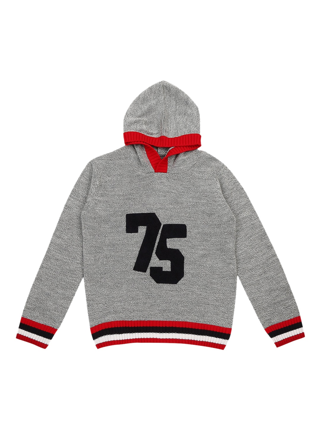 

Pantaloons Junior Boys Grey Melange & Black Embroidered Hooded Sweater