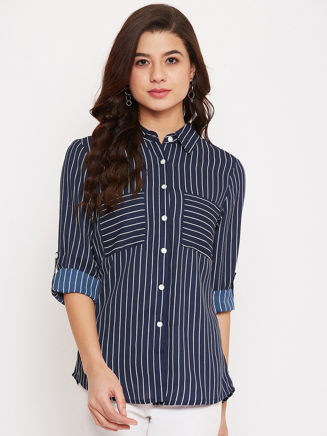 Ruhaans Women Navy Blue & White Regular Fit Striped Casual Shirt