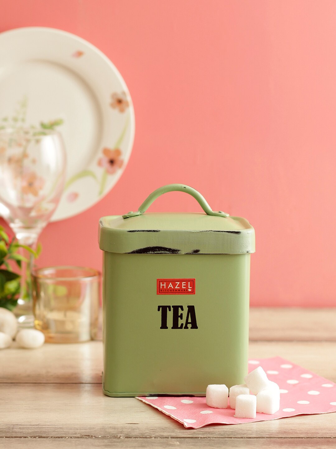 

HAZEL Green Solid Antique Rectangular Tea Storage Canister Container With Handle