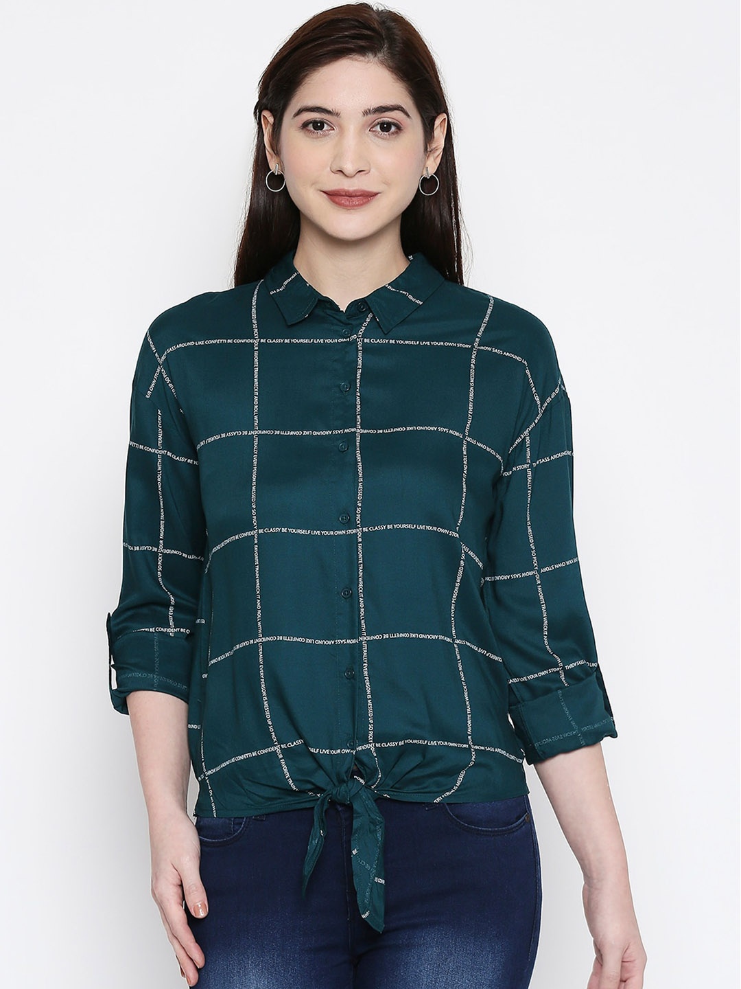 People Women Green Slim Fit Checked Casual Shirt