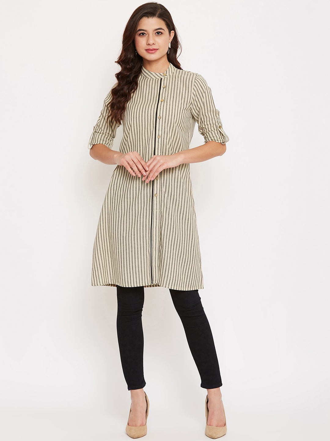 

Ruhaans Women Beige & Grey Striped Tunic