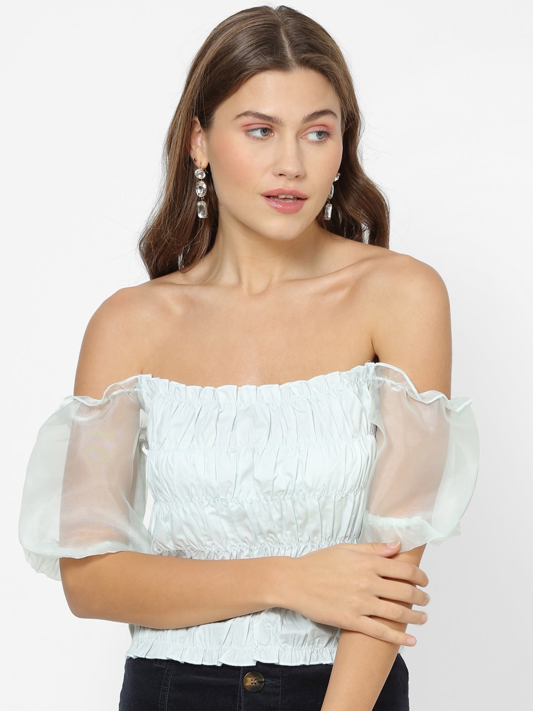 

FOREVER 21 Women Blue Self Design Bardot Top