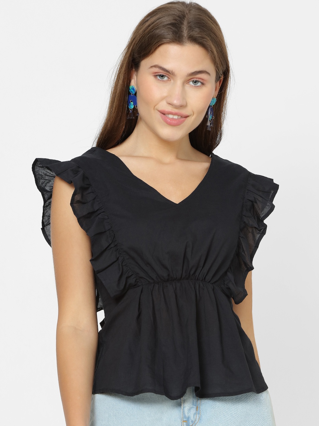 

FOREVER 21 Women Black Solid Cinched Waist Top
