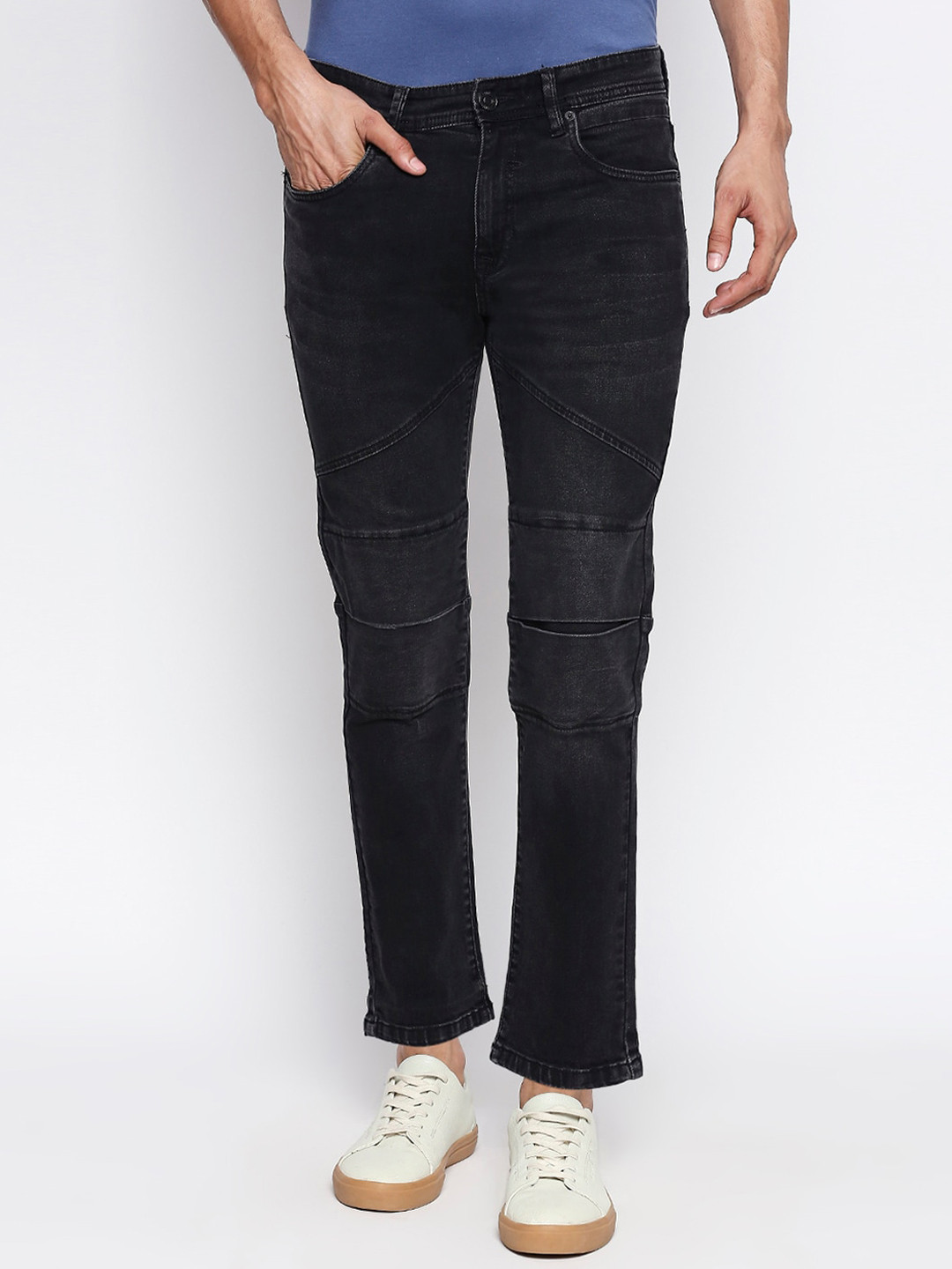 

People Men Black Skinny Fit Mid-Rise Low Distress Jeans