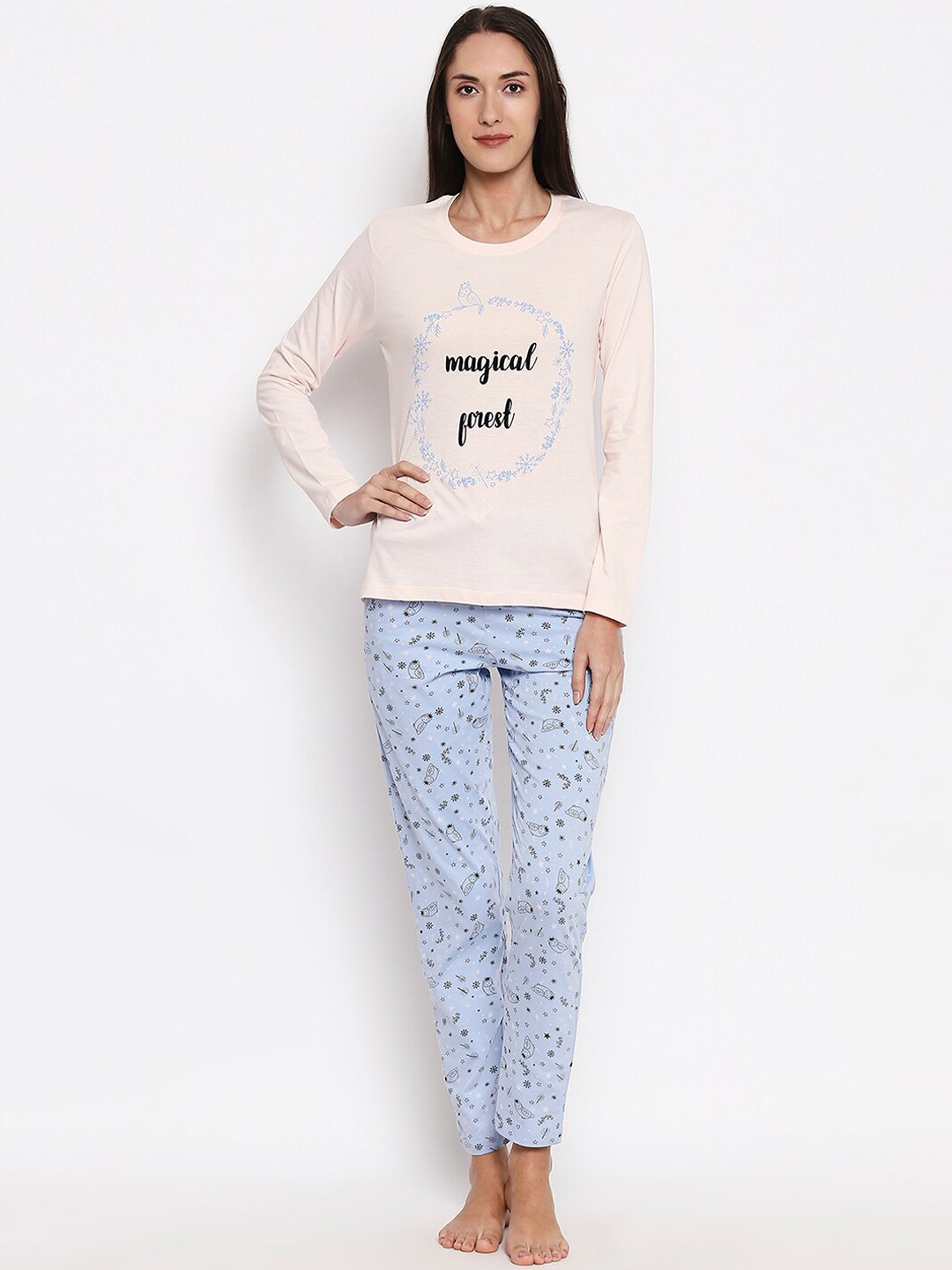 

XIN Women Pink & Blue Printed Night Suit