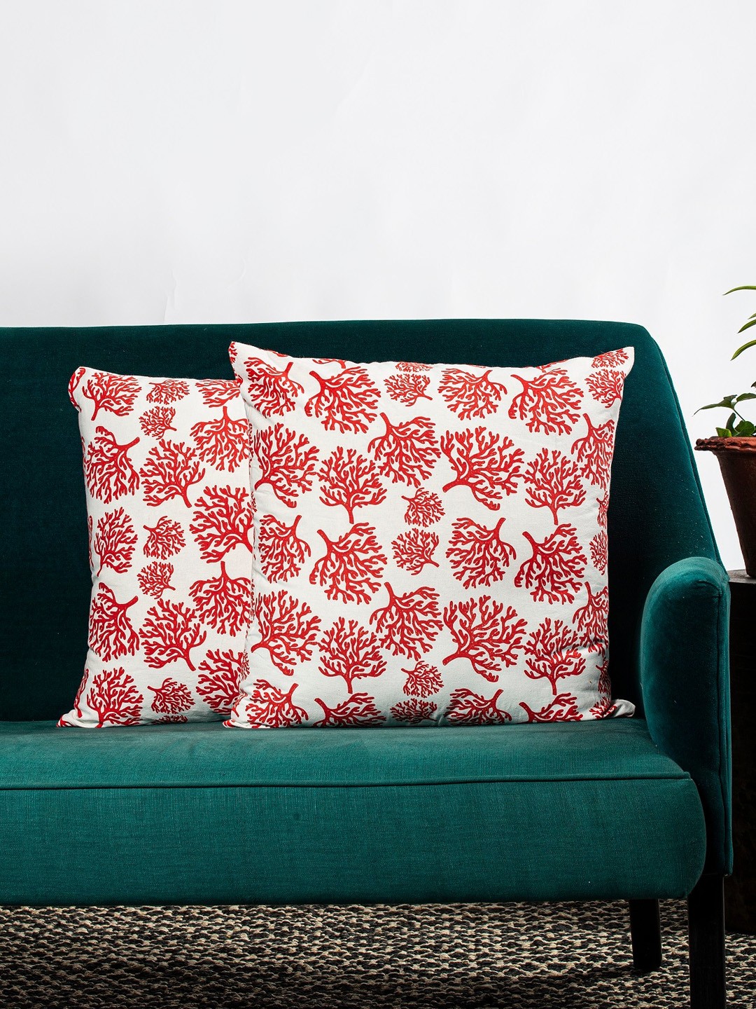 

Contrast Living Set Of 2 White & Red Printed Square Cushion Covers