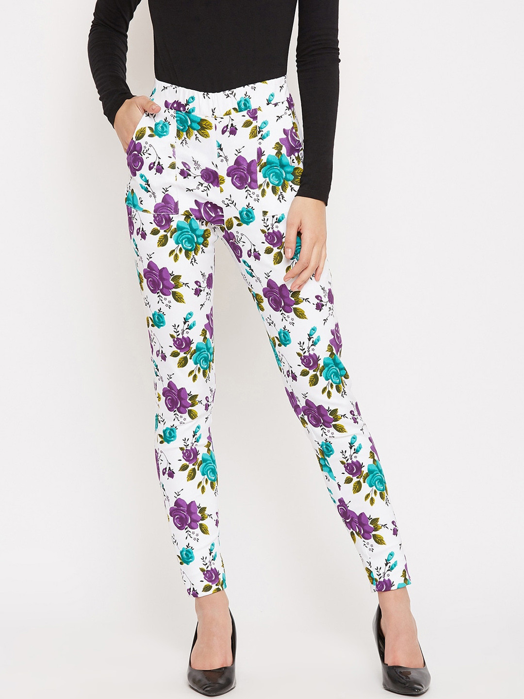 

Ruhaans Women White & Purple Floral Print Treggings