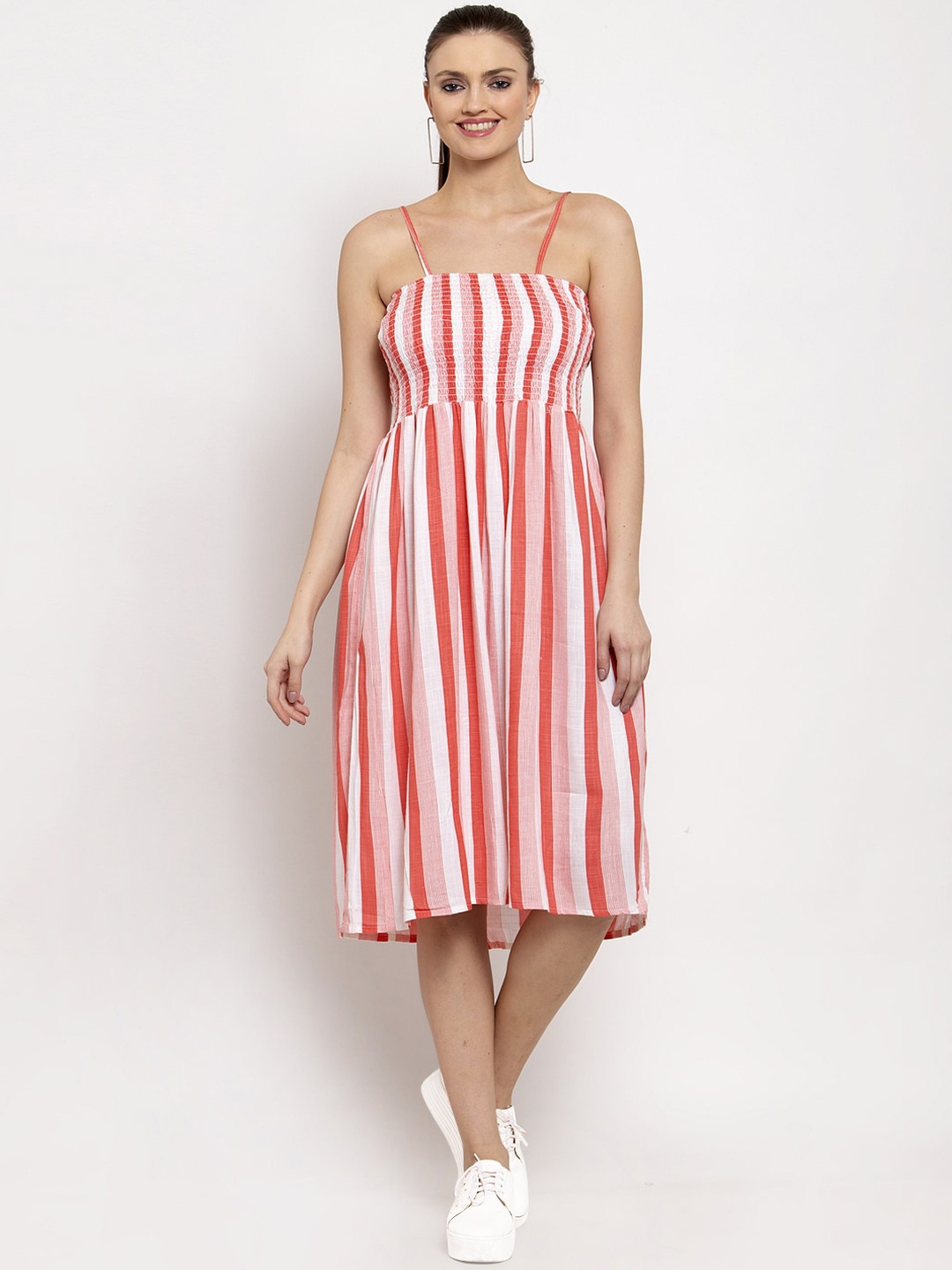 

Miaz Lifestyle Women Red Striped Fit and Flare Dress