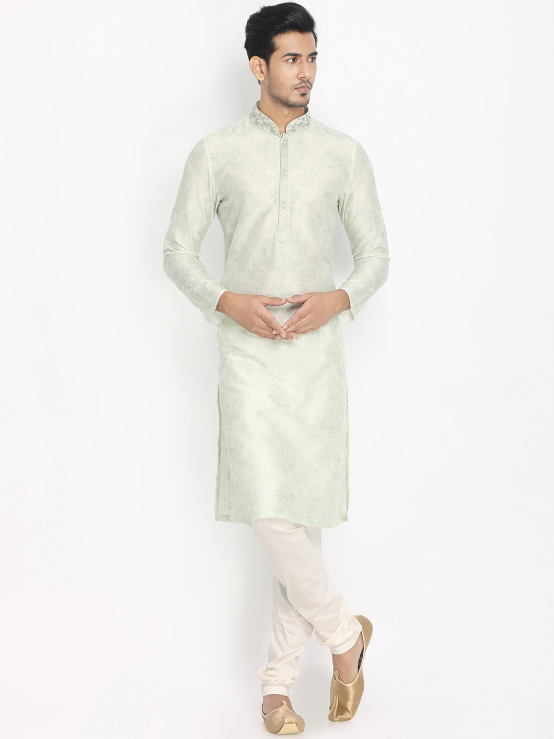 

Manyavar Men Green Woven Design Kurta with Churidar