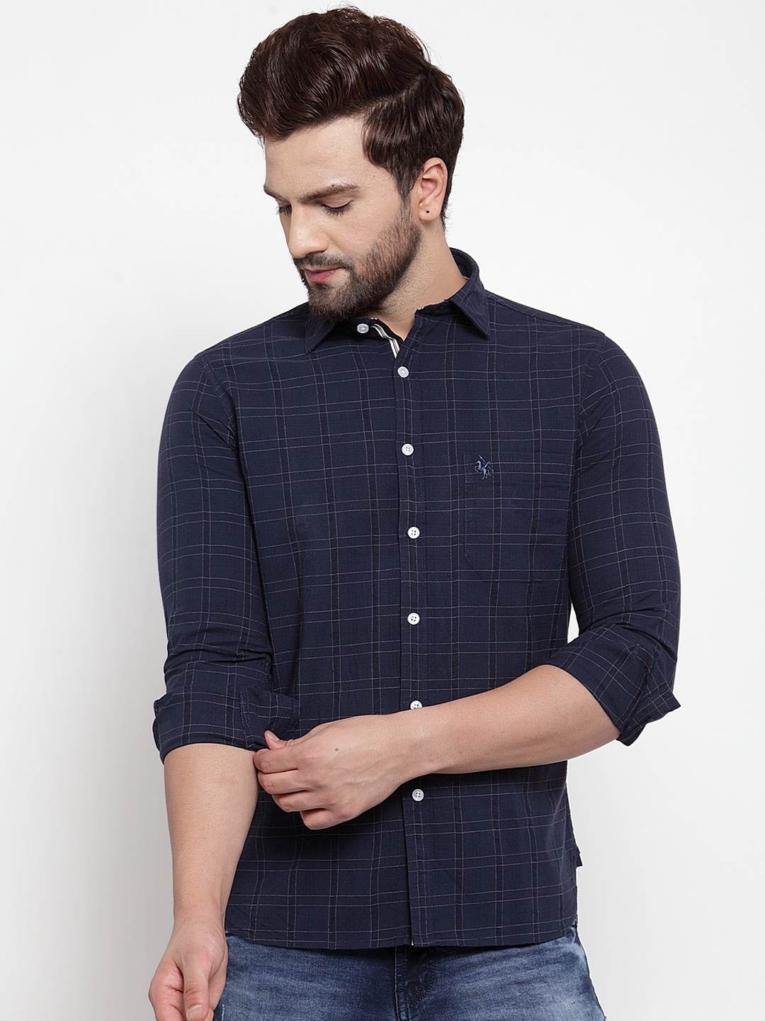 

Cantabil Men Navy Blue Slim Fit Checked Casual Shirt