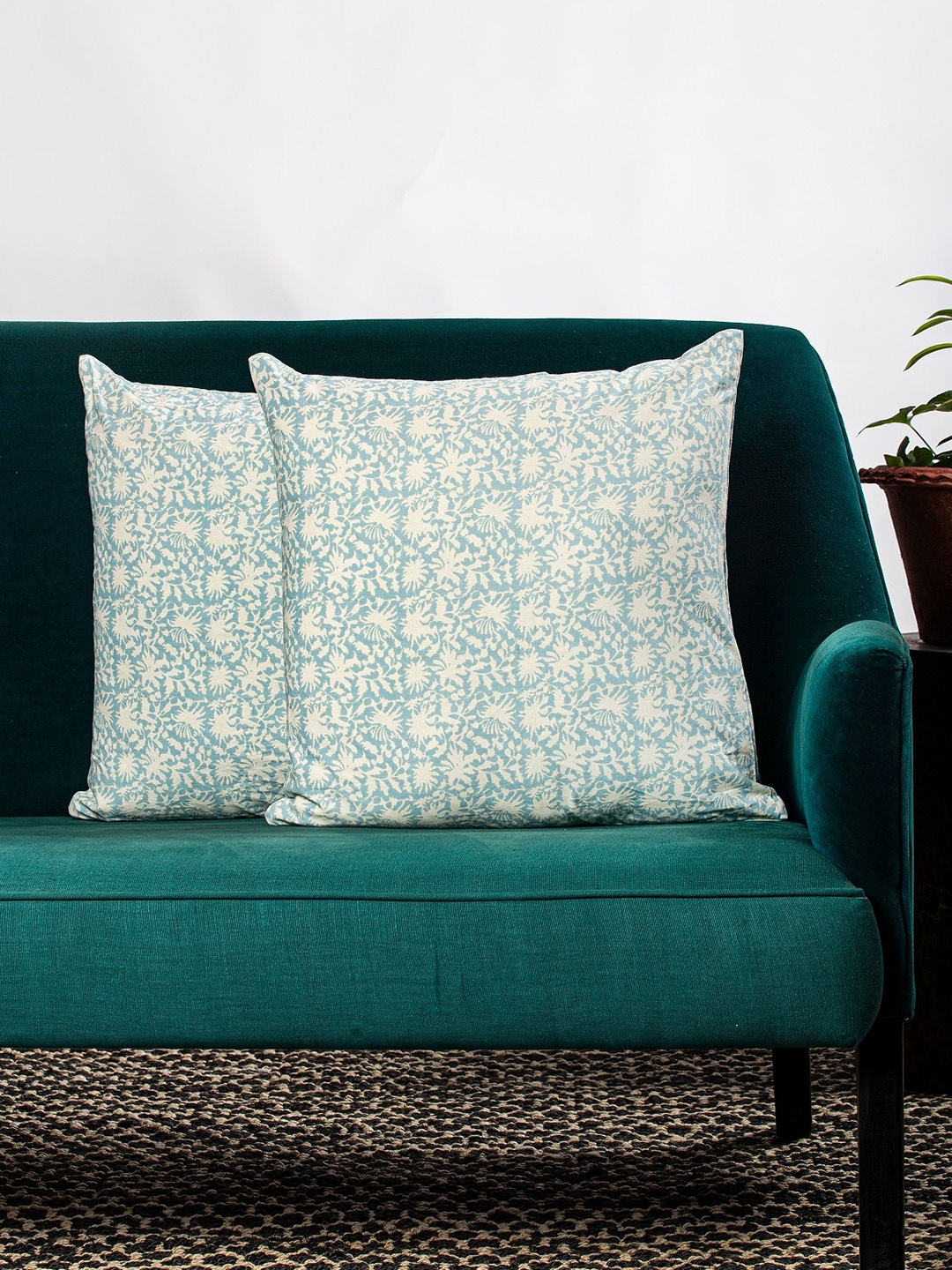 

Contrast Living Set Of 2 Beige & Blue Printed Square Cushion Cover
