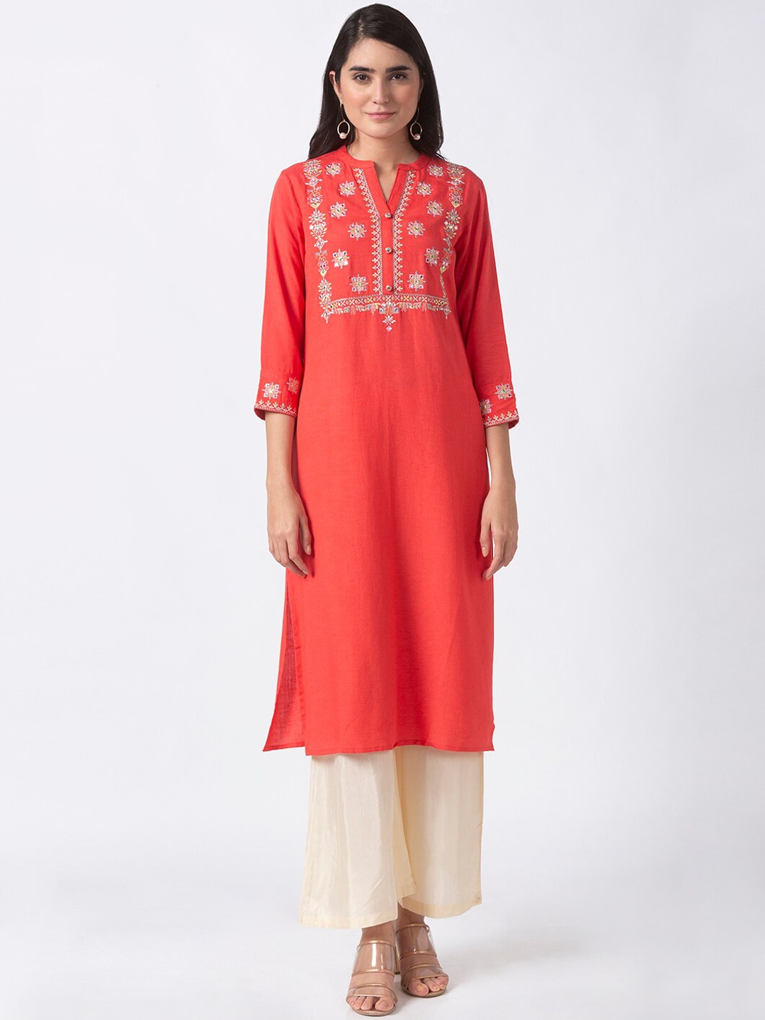

Ethnicity Women Coral Pink Embroidered Straight Kurta