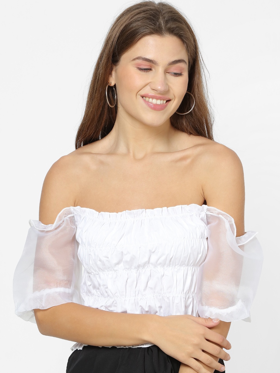

FOREVER 21 Women White Solid Bardot Top