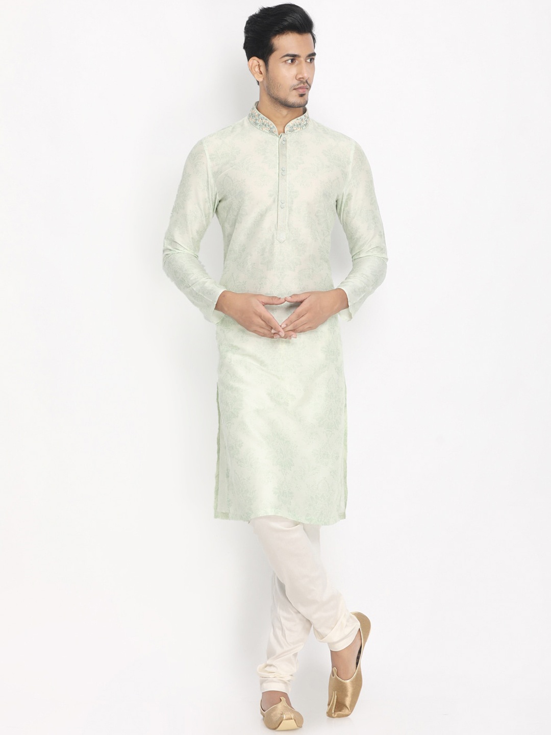 

Manyavar Men Green Woven Design Kurta with Churidar
