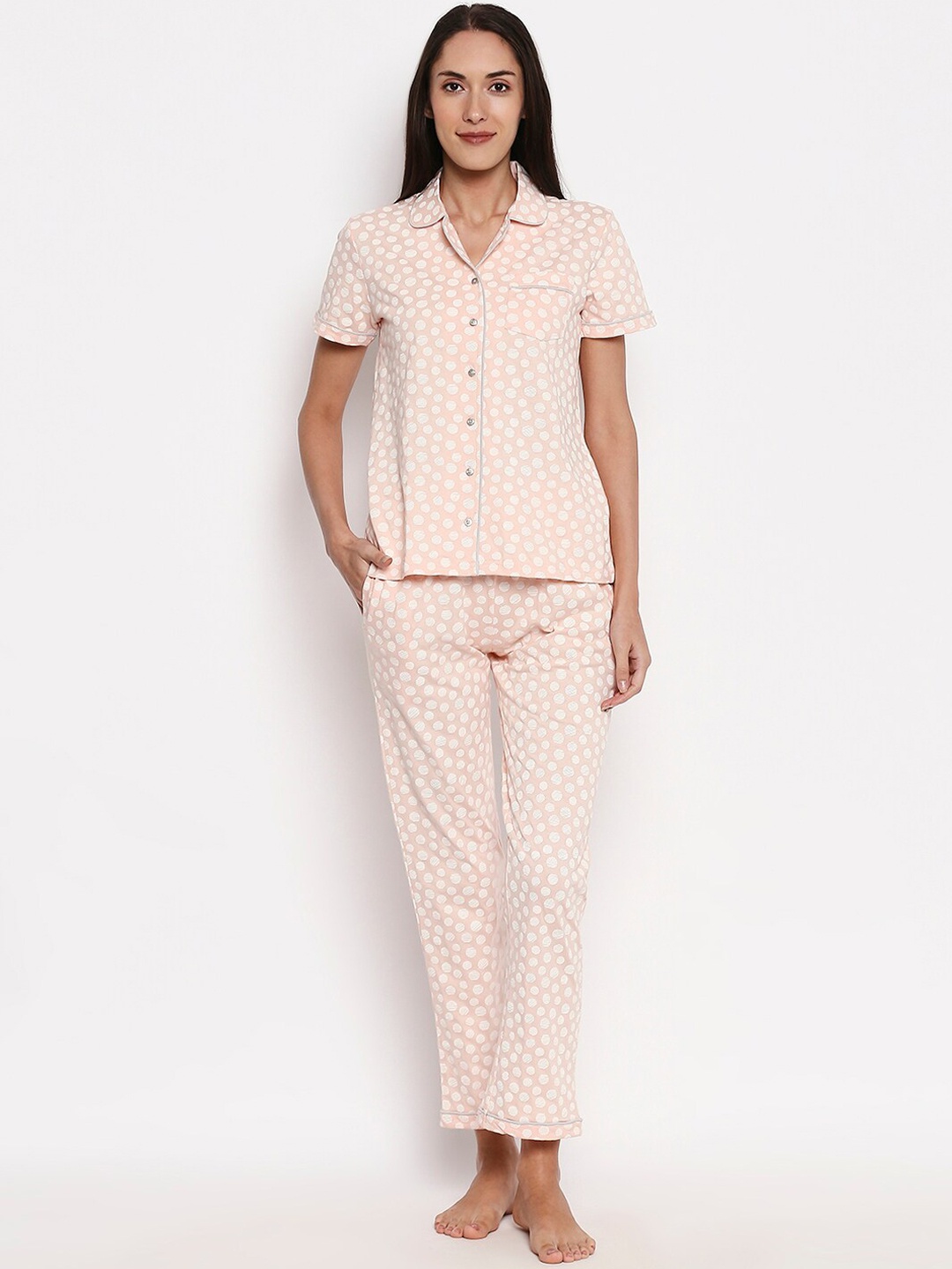 

XIN Women Peach Coloured & White Printed Night Suit
