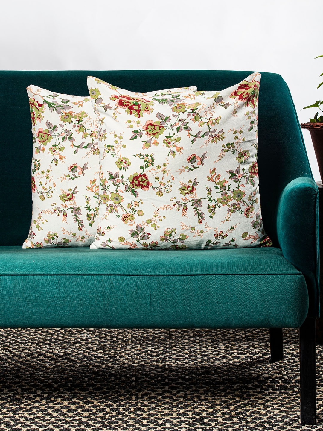 Contrast Living Set Of 2 Off-White & Red Floral Print Square Cushion Cover