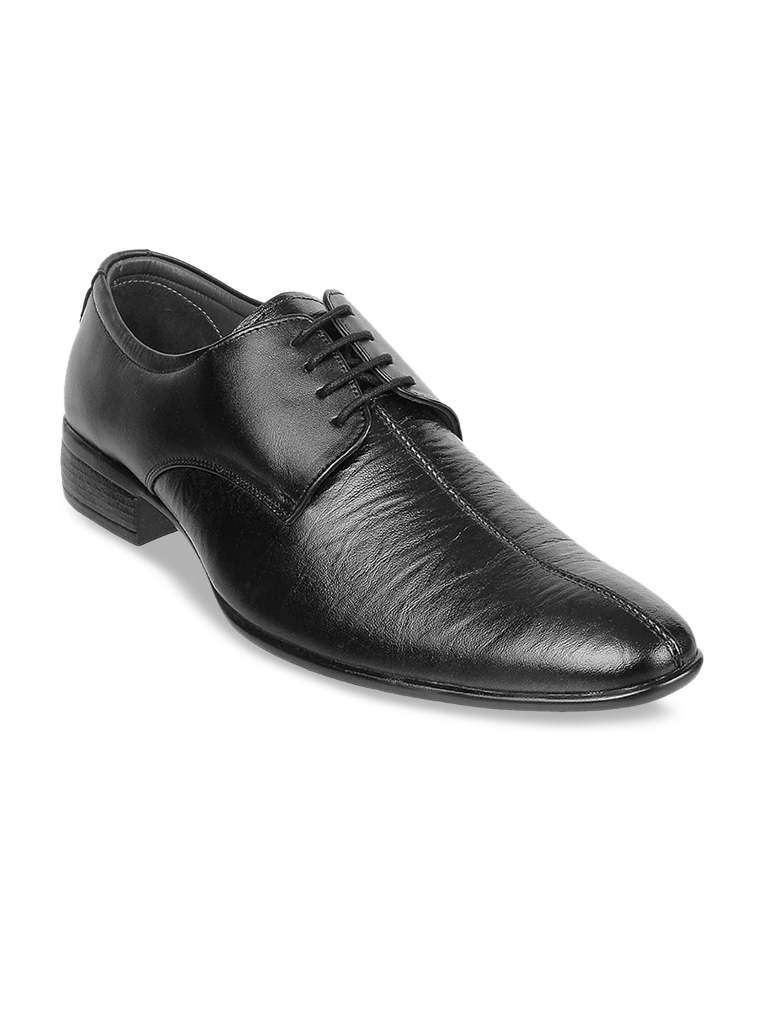Metro Men Black Solid Leather Formal Derbys