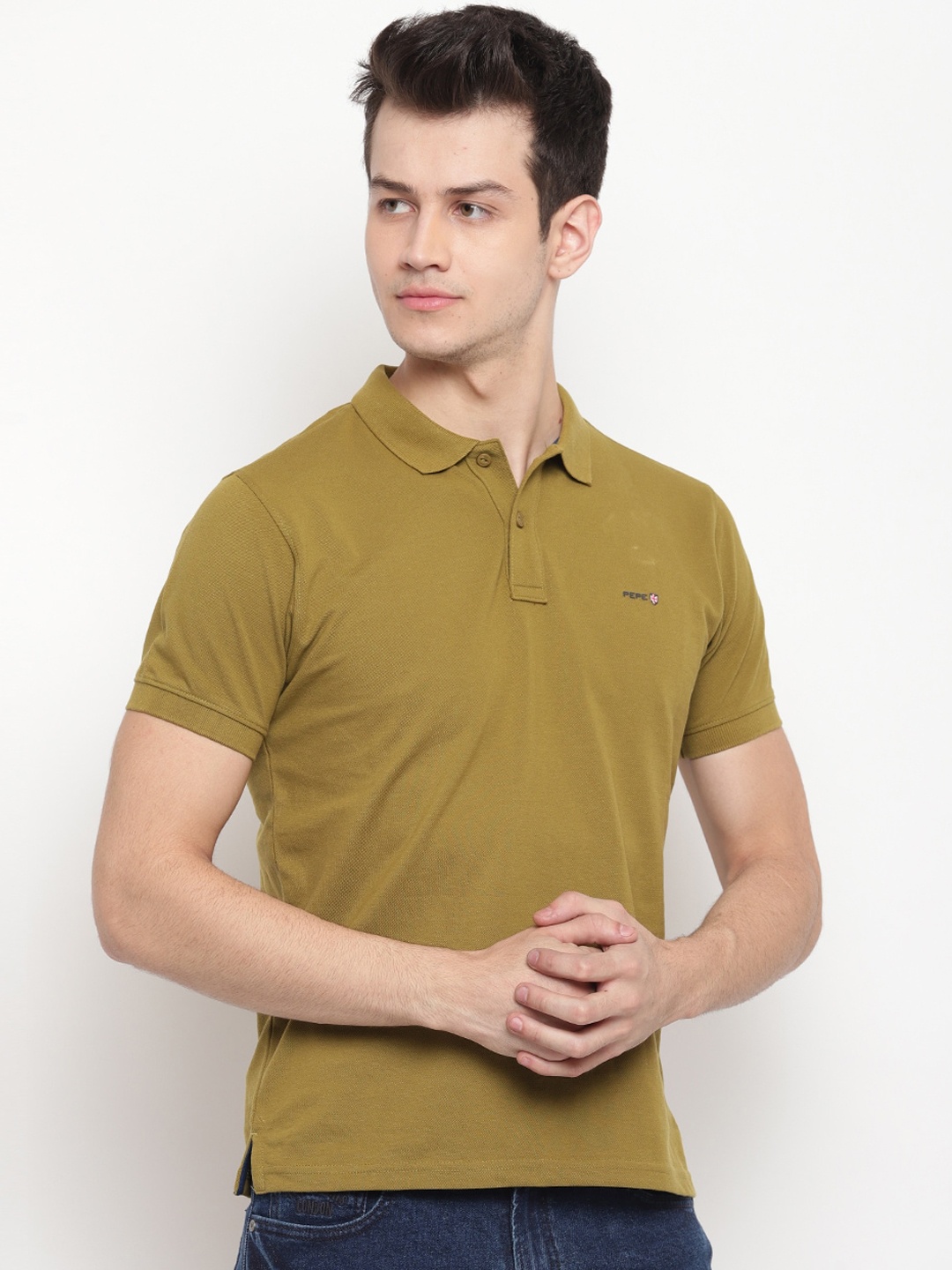 

Pepe Jeans Men Olive Green Solid Polo Collar T-shirt
