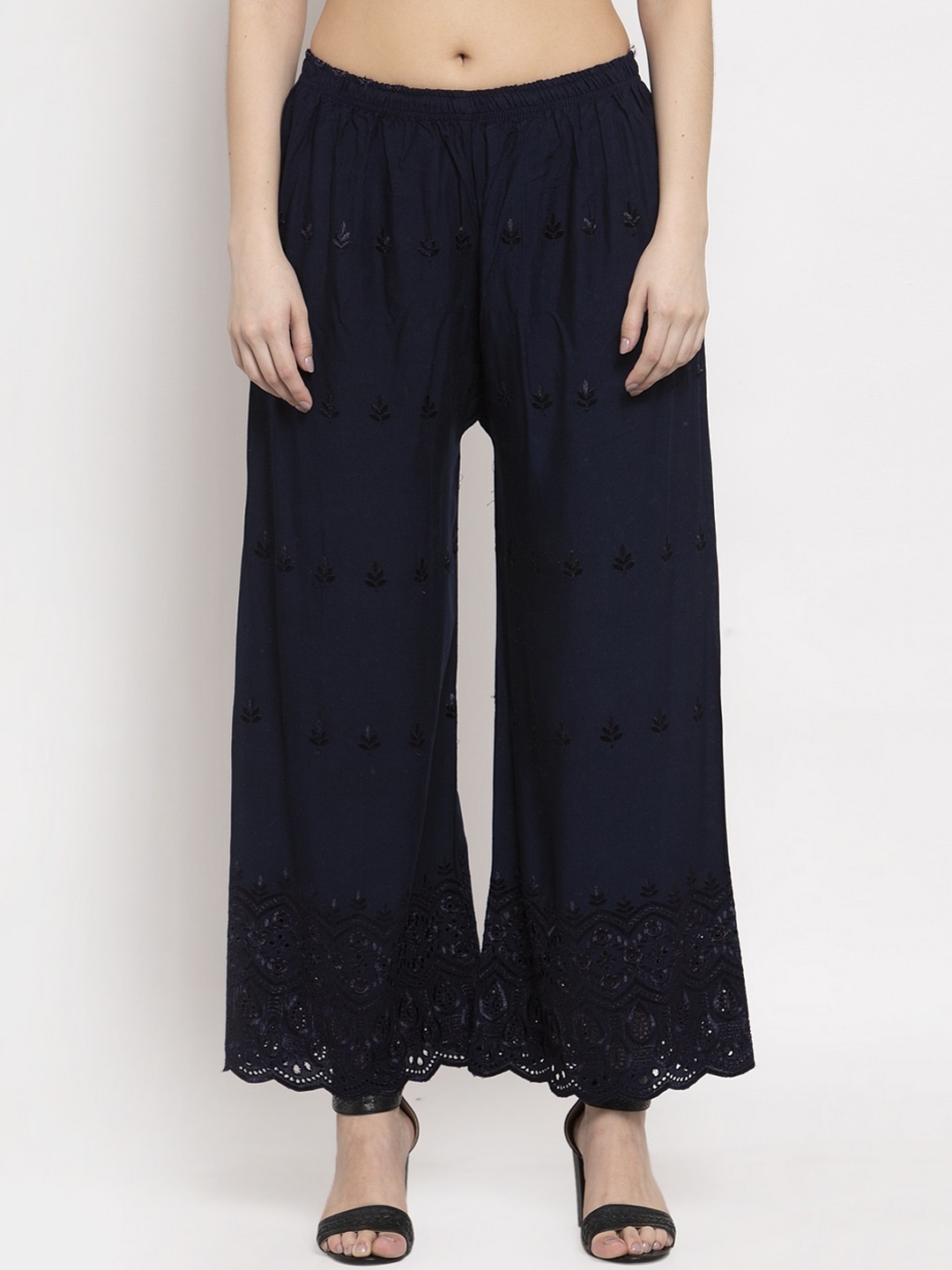 Miaz Lifestyle Women Navy Blue Embroidered Flared Palazzos