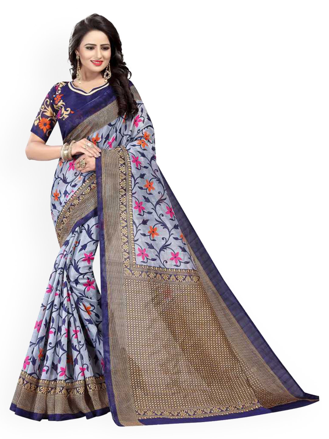 

KALINI Grey & Pink Art Silk Printed Mysore Silk Saree